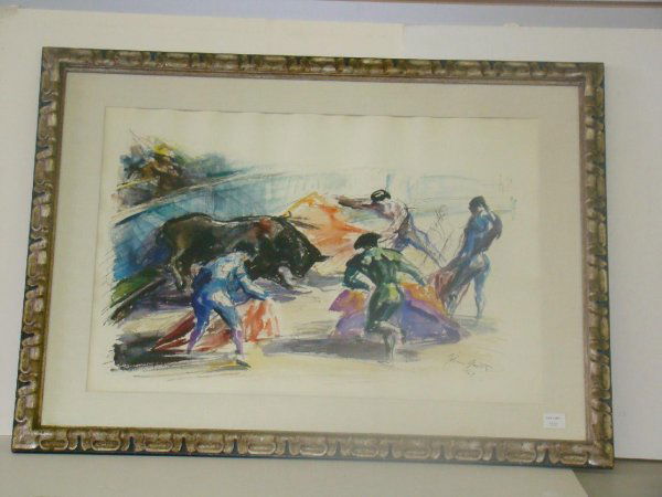 JOHN GROTH. BULL FIGHTING. MIXED MEDIA: BEAUTIFUL MIXED MEDIA ON PAPER OF "BULL FIGHTING" BY JOHN GROTH. SIGNED AT THE LOWER RIGHT AND DATED 1969. IMAGE SEEN IS APPROX. 30" X 20", OVERALL FRAMED PIECE IS APPROX. 39" X 29". GREAT IMAGE!!