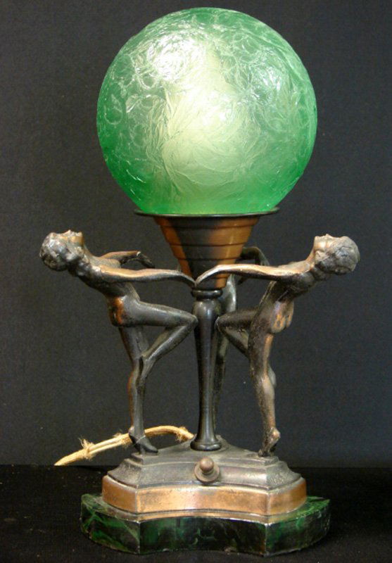 ART DECO TRIPLE LADY LAMP: Circa 1920 Art Deco Triple Lady Lamp. Not marked, but it's probably Frankart. Lamp is in great working order. Measures: 12" Tall X 7" Wide. Condition: Very Good