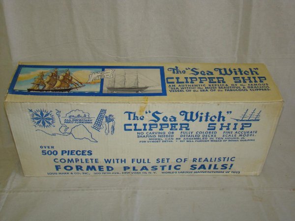 Marx Sea Witch Clipper Ship Model Kit MIB: Marx Sea Witch Clipper Ship Model Kit, "over 500 pieces," unassembled, includes box with Captain and crew figures, Mint in 6.5" x 10" x 28" Box,