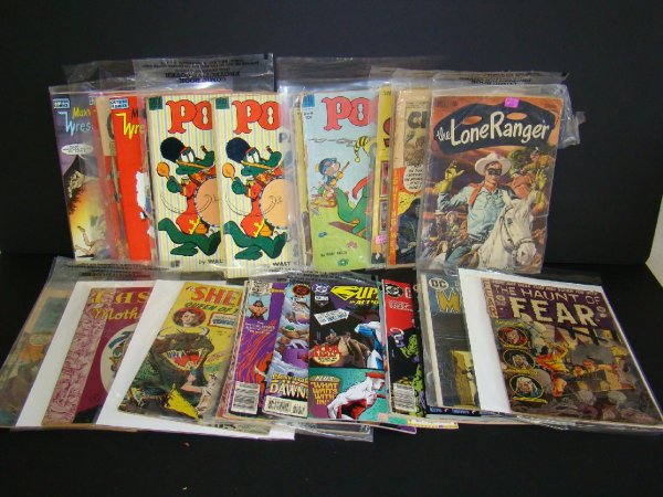 38 Comic Books w/ Haunt of Fear #19: 38 Comic Books incl. 1) Haunt of Fear #19; 2) Sheena #9; 3) Easter with Mother Goose by Walt Kelly; 4) Pogo #14; 5) Pogo #15; 6) Pogo #16; 7-8) 2 copies of Pogo Parade #1; 9) AL Capp's Shmoo #2; 10) A