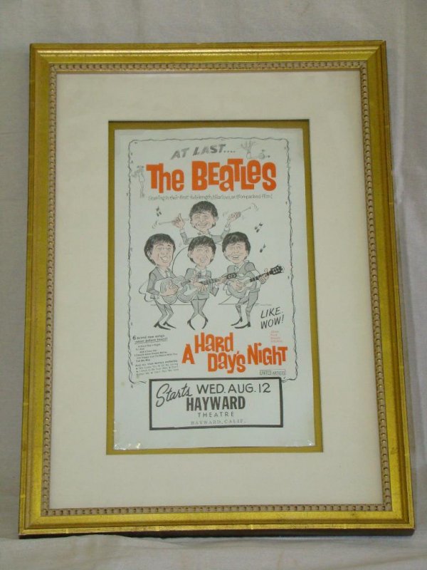 Beatles Hard Days Night Handbill: Beatles Hard Days Night Handbill, Weds. Aug. 12, 1964, Hayward CA, .5" x 14," mint, framed