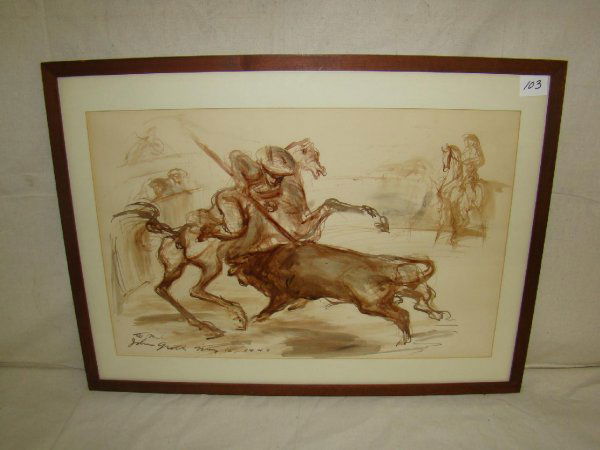 Framed Signed John Groth Watercolor: Image size 22" x 14". Signed John Groth watercolor. Dated May 15, 1949. Portrays a bull fight. Overall size 26 1/2" x 19 1/2".