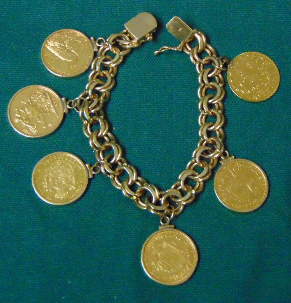 14K Charm Bracelet with Various Gold Coins: Total weight of 86.6 grams. With 6 various 22k gold coins, each approx. 7 grams, totaling 42 grams.
