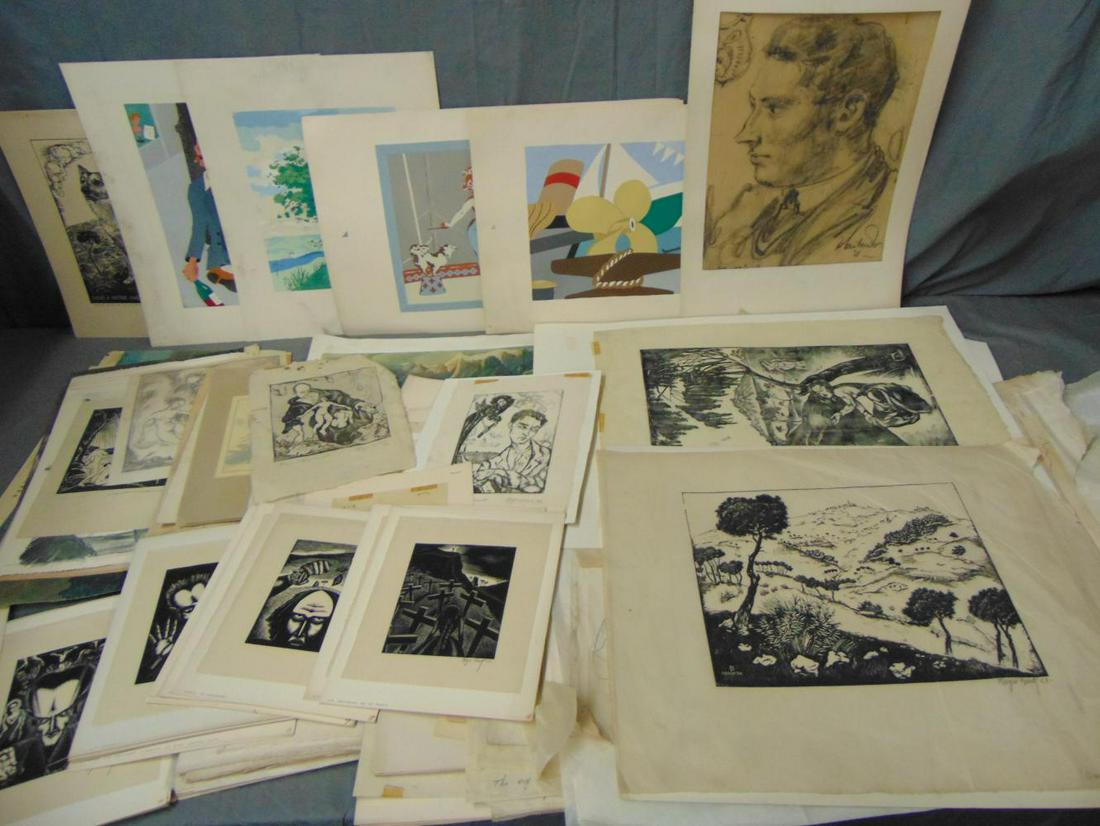 Roger Buck. German,1901-1970. Archive of Work.: Several Hundred Pieces include Wood Blocks, Engravings, Greeting Cards, Book Plates and original works. Very interesting group. Various sizes and mediums. Examine.