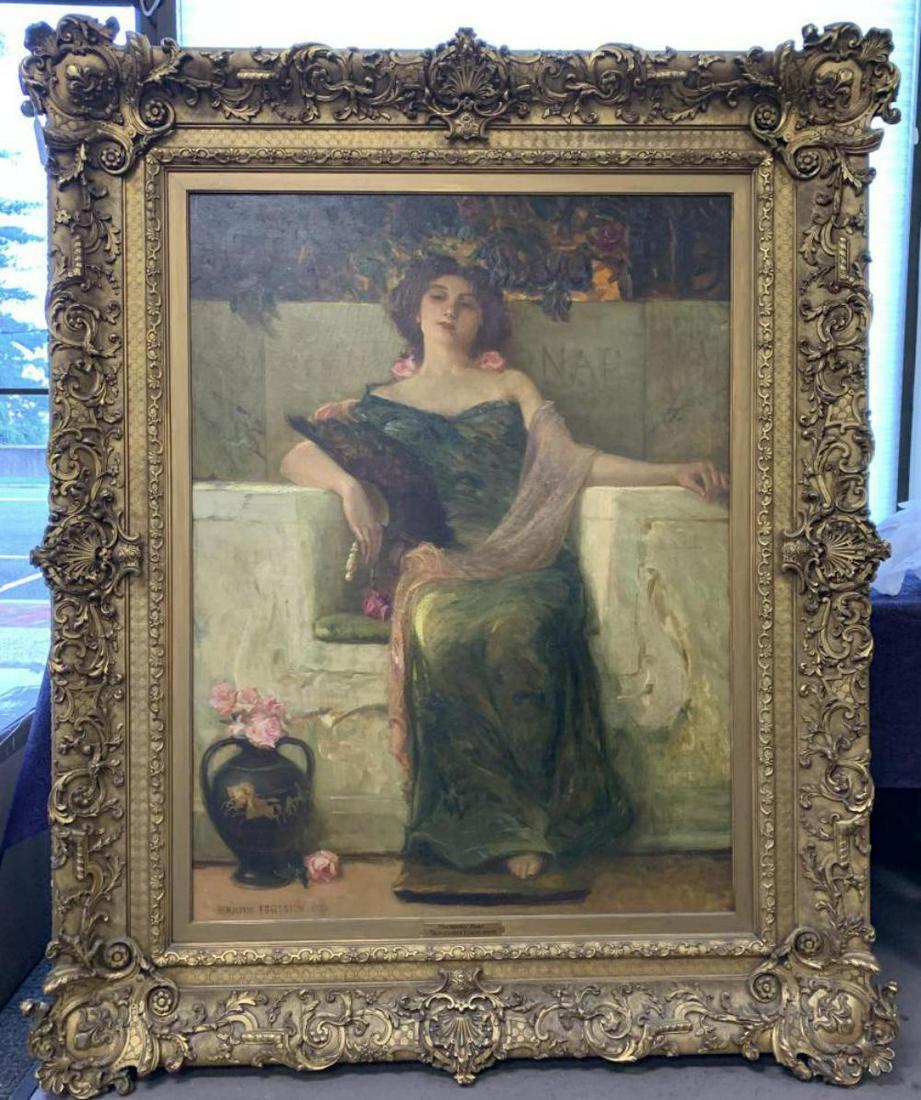 Benjamin Osro Eggleston (1867 - 1937) Oil.: "The Marble Bench". 36" x 48" Oil on Canvas in a Spectacular Frame. The Frame Alone is probably worth $3000++. Signed and Dated 1910. Relined with restoration noted. Magnificent Painting combined with