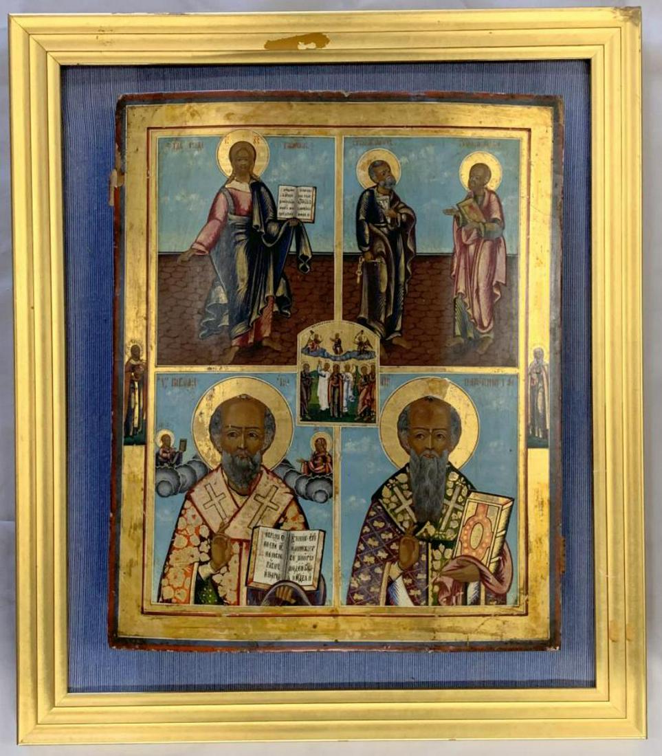 Russian Icon, "Five Part Icon": Offered is an Early Russian Icon, featuring five parts depicting "The Ascension of Jesus (middle), Lord Almighty (top left), Apostles Peter & Paul (top right), St. Nicholas (bottom left), Reverend Par