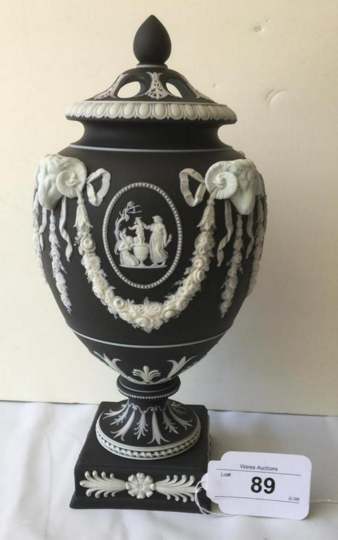 Wedgwood Black Jasper Ware Bolted Vase.: 12" Tall. Ram's Heads in High Relief. No Flaws Noted, Scarce Piece.
