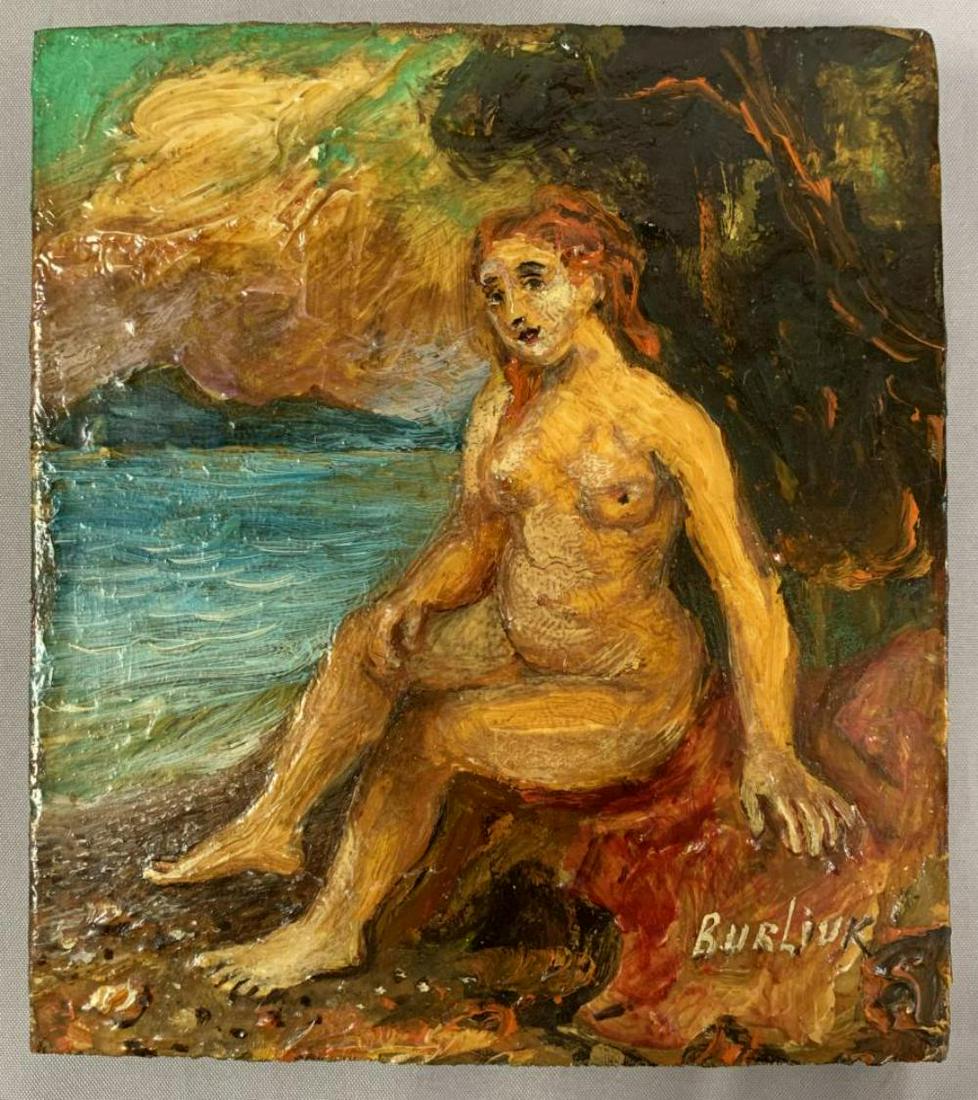 David Davidovich Burliuk (1882 - 1967) Oil.: Original Oil signed Lower right on Wood. 5 1/2" x 6 1/4" Nude Woman Sitting by a River. This Burliuk painting as well as the others being offered come from the Estate of Ella Jaffe Freidus, who was a