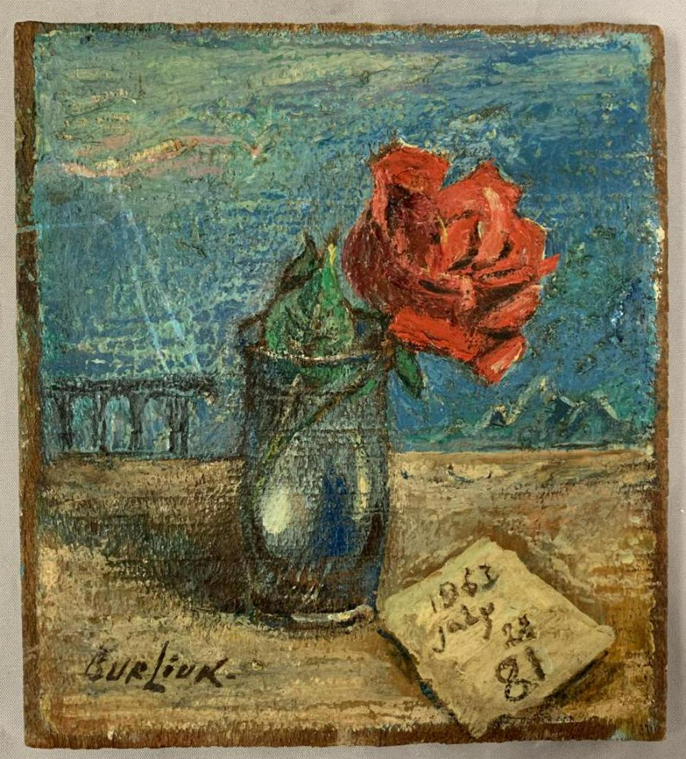 David Davidovich Burliuk (1882 - 1967) Oil.: Flowers in a Vase. Oil on Wood signed lower left. Inscribed presentation on the back to Ella Jaffee in French. 6 1/4" x 7". This Burliuk painting as well as the others being offered come from the Esta