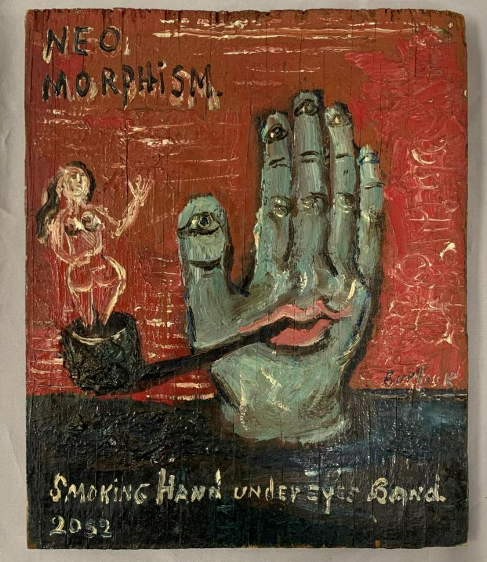 David Davidovich Burliuk (1882 - 1967) Oil.: Oil on wood. Titled " Neo Morphism. smoking Hand under eyes Band 2052". Signed Right Side of Work and marked on the back " No 33 Neo Morphism". 9" x 11 1/4". This Burliuk painting as well as the other