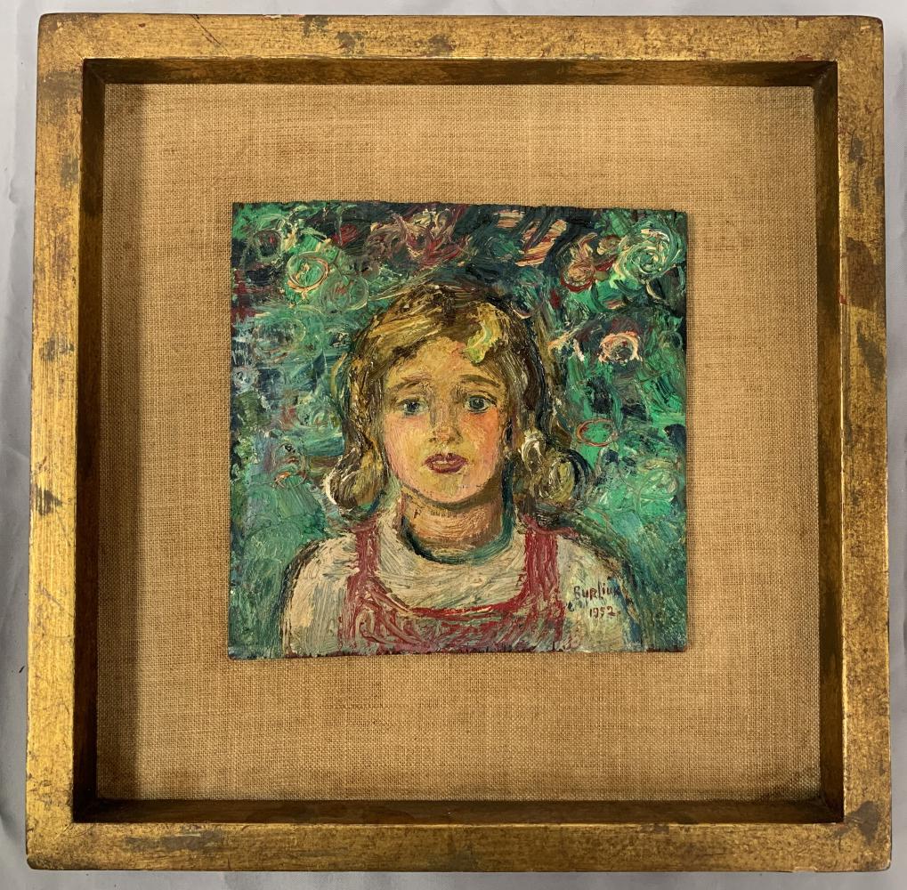 David Davidovich Burliuk (1882 - 1967) Oil.: Oil on Masonite. 8" x 8" Portrait of a Young Girl. Signed Lower right and dated 1952. Identified on the Back "Mary Claire Burliuk's Grand Daughter". This Burliuk painting as well as the others being o