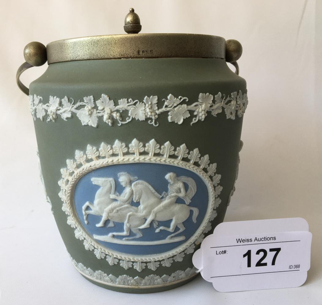 Wedgwood Tri-Color Jasper Dip Biscuit Jar.: Wedgwood tri-color jasper dip biscuit jar, white relief on blue and green ground, impressed Wedgwood on bottom, with plated handle, lid and mounting, 6 1/2" high x 6" diameter, 19th C. No flaws noted.