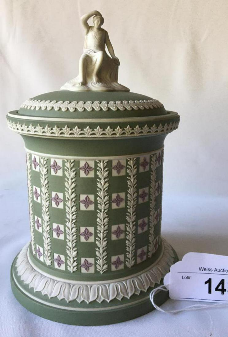 Wedgwood Tricolor Dip Diced Humidor.: Wedgwood tricolor dip Diced Humidor, green, lilac & white, figural finial of seated woman with lyre, impressed "Wedgwood Made in England No 33 72 X", 8" 1/2 h x 5" diameter. No Flaws Noted.