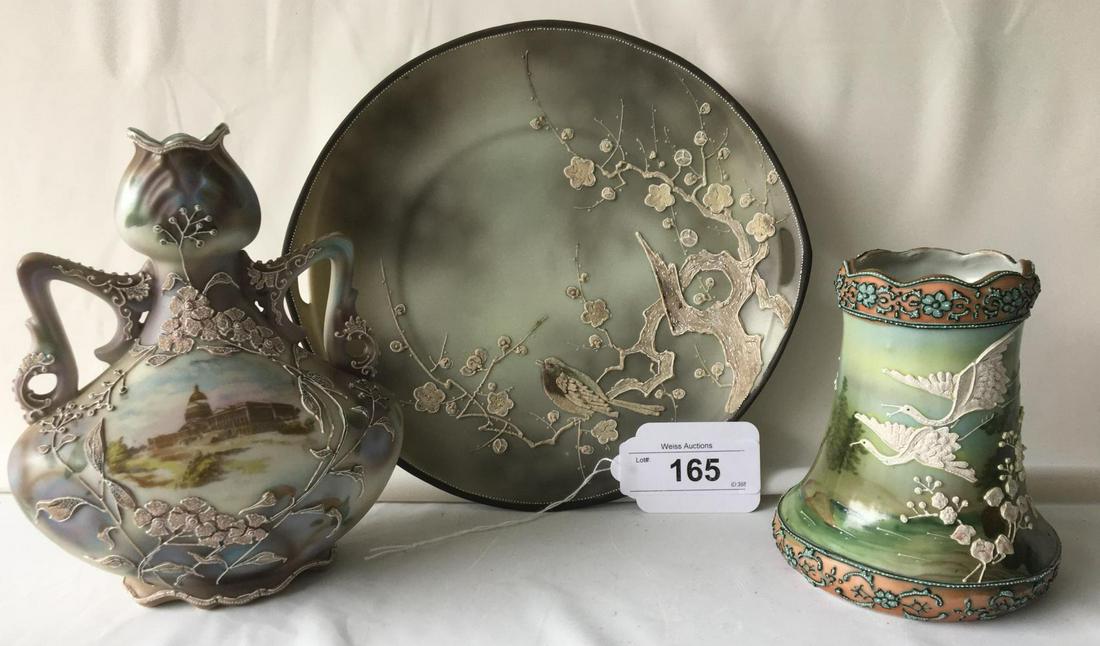 Three Piece Nippon Moriage Lot.: Includes 7 1/4" Two Handled Vase, 5 1/2" tall vase and 9 1/2" Serving Plate.