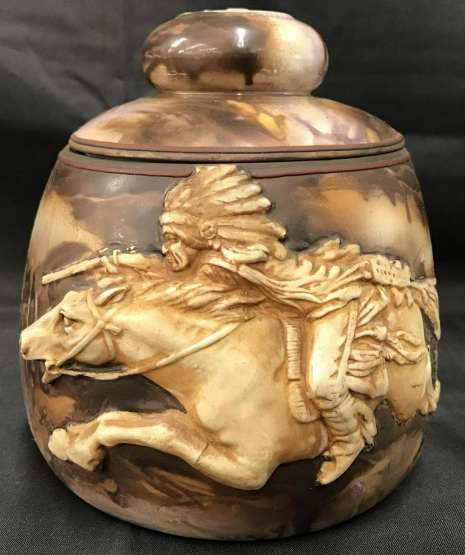 Scarce. Nippon Blown Out Humidor.: Wonderful High Relief Image of a Native American on Horseback. 6 1/2" tall. Very Fine Condition.