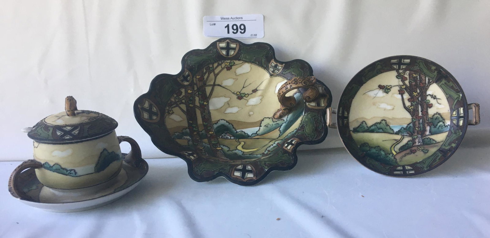 Nippon Dark Woodland. (3) Piece Lot.: Includes Candy Dish 7 1/2", Candy Dish on Pedestal 2 1/2" tall 5" across and Mustard Jar with top and Spoon 3" tall and 4 1/2" across.