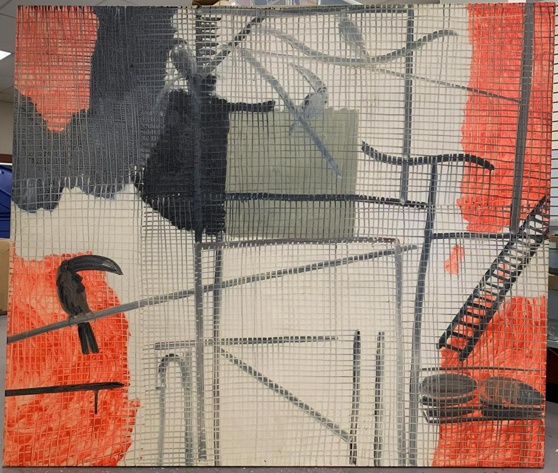 Hunt Slonem, Oil on Canvas "Birds in a Cage": Hunt Slonem (born 1951). Massive oil on canvas painting, depicting "Birds in a Cage". Signed and dated 1988 on the back. Approx. 7 feet x 6 feet. From the Estate of Philip Brennen (190010). NOTE: Plea