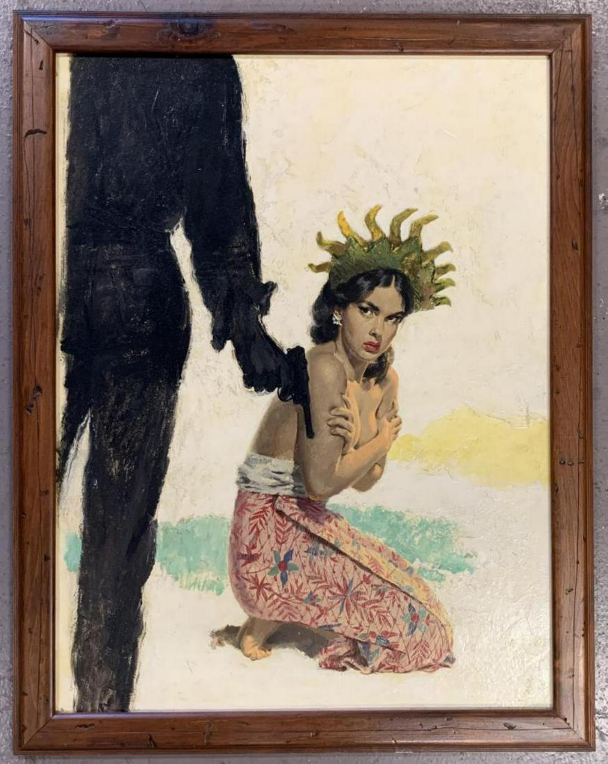 Lu Kimmel (1905-1973) Paperback Cover Illustration: Original paperback cover illustration by Lu Kimmel. Oil on board. This illustration was published as the cover for "Port Orient". Unsigned. There is a small stamped date on the verso "Aug 19, 1955". I