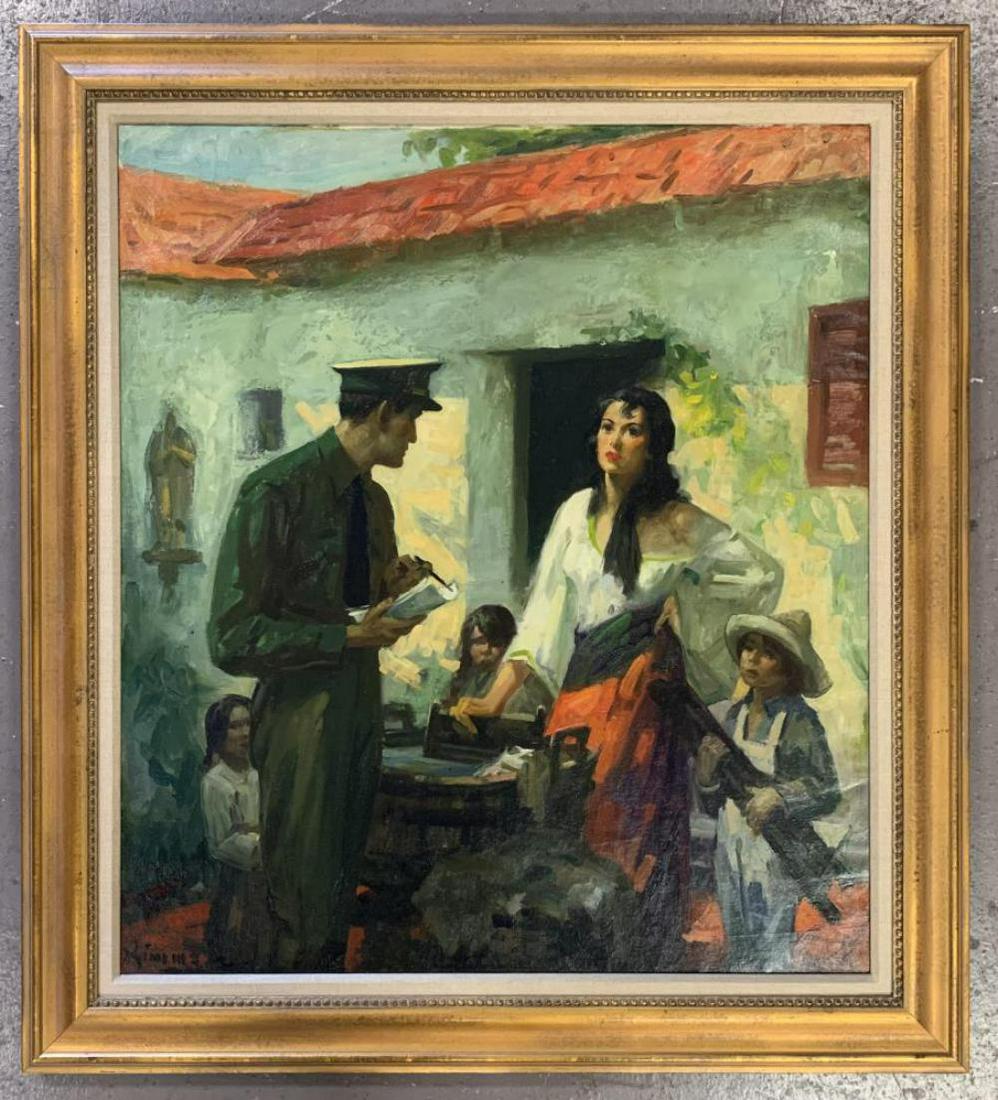 Lu Kimmel (1905 - 1973) Oil on Canvas Illustration: Large oil on canvas illustration painting by Lu Kimmel. Signed lower left. Image size seen approx. 29-1/2" x 33-1/2", overall frame size approx. 37" x 41". There are 2 old repairs on the verso. Unsure