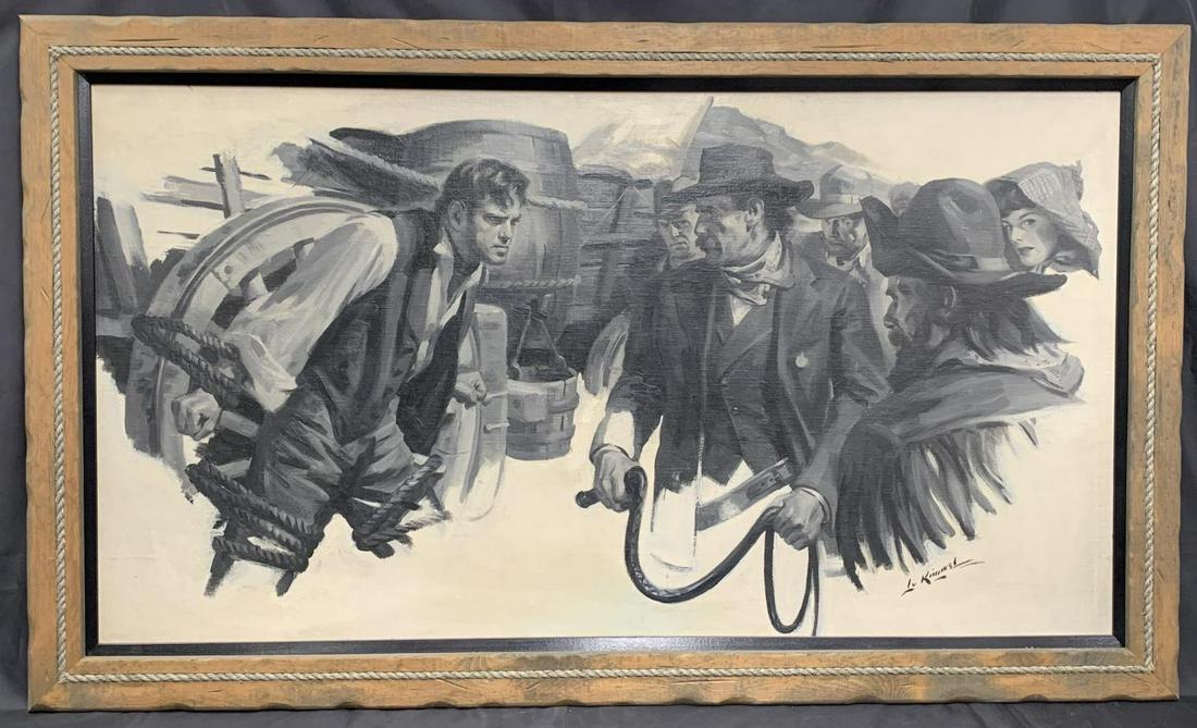 Lu Kimmel (1905 - 1973) Oil on Board Illustration: Large oil on masonite illustration painting by Lu Kimmel. Signed lower right. Image size seen approx. 46" x 26-1/2", overall frame size approx. 51" x 30-1/2". Western style motif frame with rope aroun