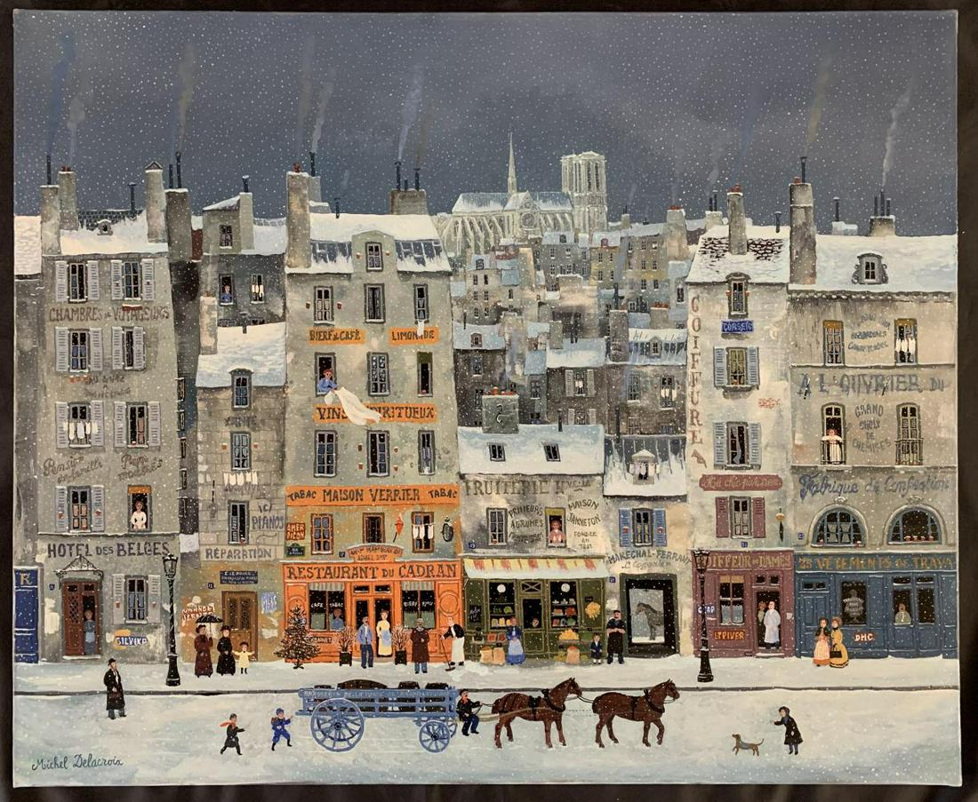 Michel Delacroix (French, b.1933), Oil on Canvas: Wonderful oil on canvas painting by Michel Delacroix. "'Le Chariot Bleu", signed lower left. Also signed and titled on the verso. Canvas 28-3/4" x 23-3/4".