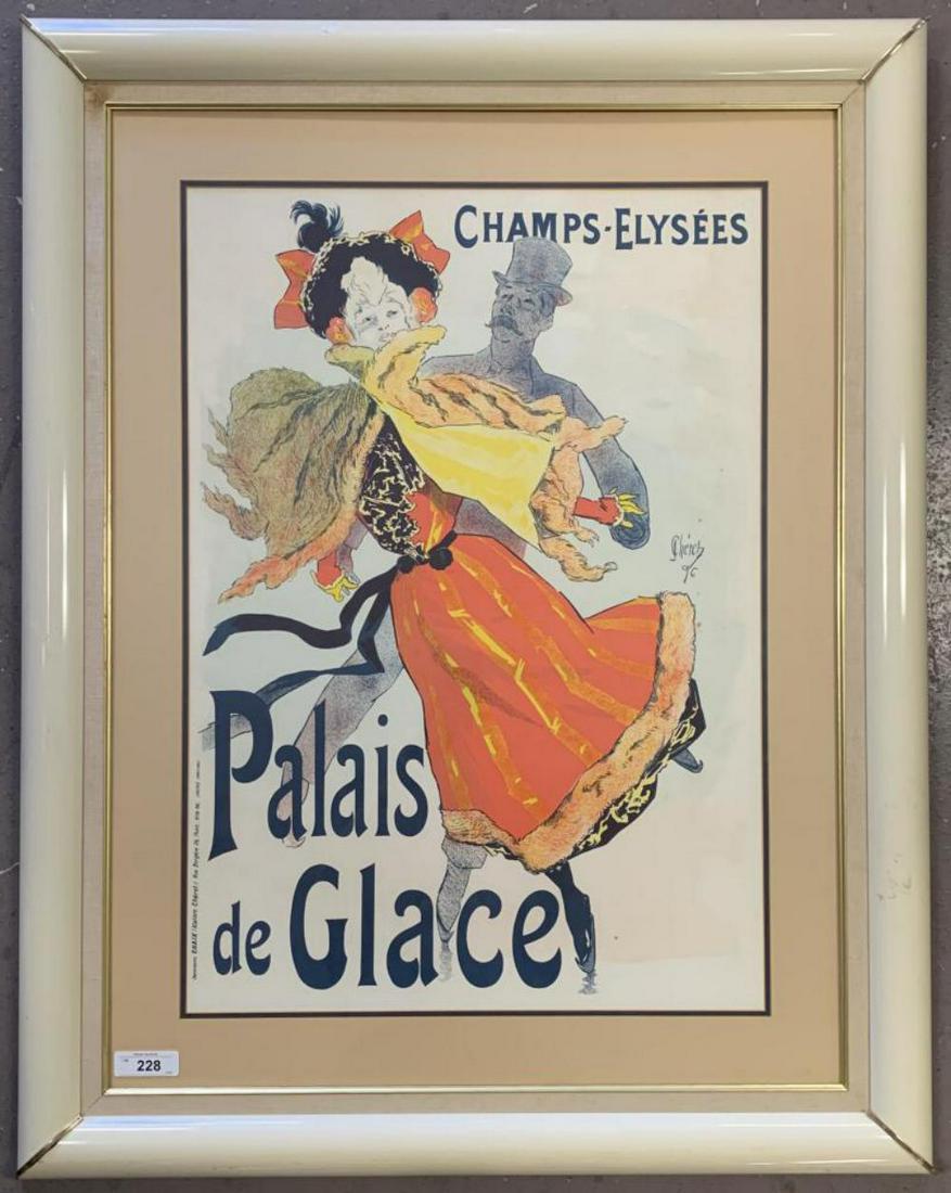 Jules Cheret, Palais de Glace Poster: Lithograph poster, Jules Cheret. This is a later printing, circa 1980's. Image size seen approx. 23.5" x 33.5", overall frame size approx. 37" x 47". Poster is linen backed, however the linen is mount