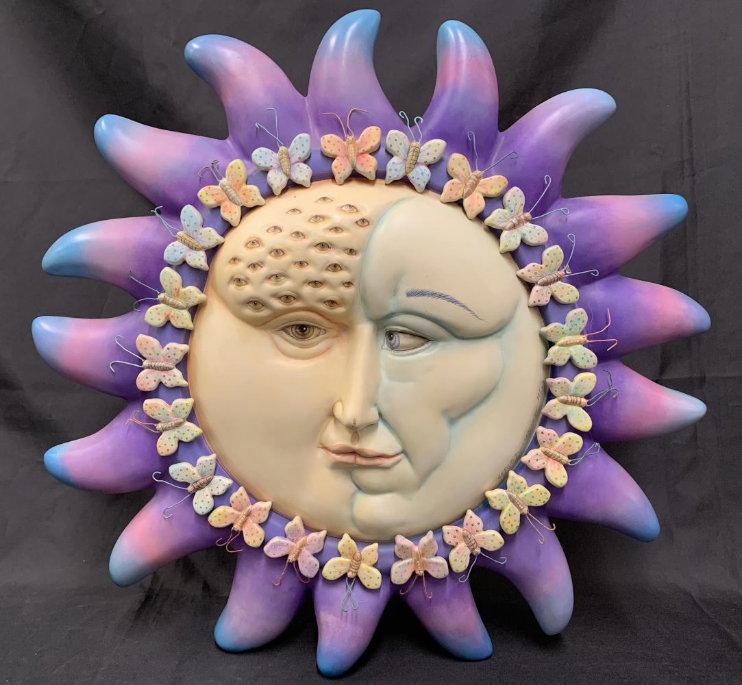 Sergio Bustamante, Ceramic Standing Sun: Unique hand painted ceramic sculpture titled "Standing Sun with Butterflies" by Sergio Bustamante (Mexico, b.1942). Approx. 18" x 18". Double sided and detailed with butterflies all around the face. S