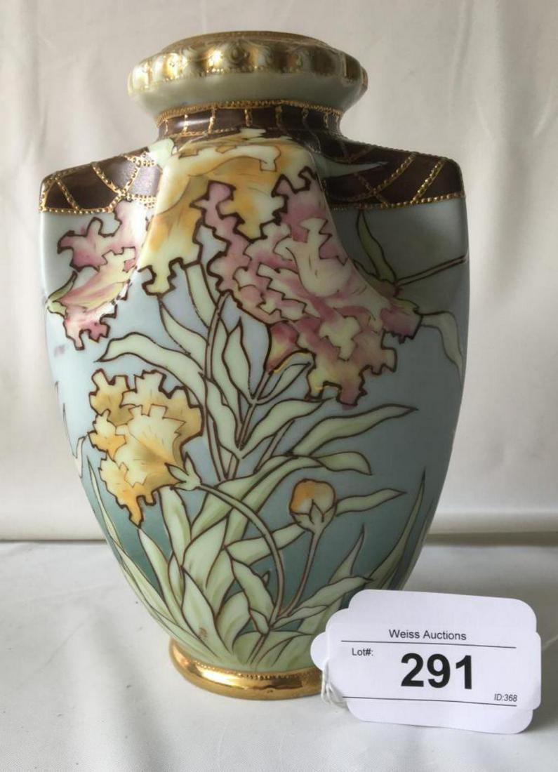 Hand Painted Nippon Vase.: 8 3/4" Tsll, Floral Design with Gilt Beading.