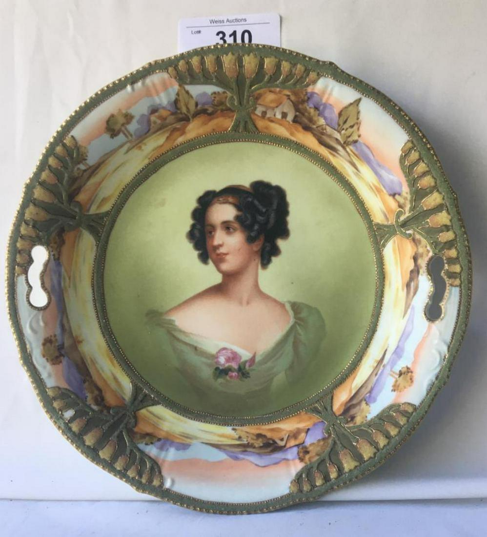 Nippon. KinR Portrait Plate Moriage.: Gorgeous Hand Painted Portrait with Elaborate Floral Work on Margins. 11" diameter.