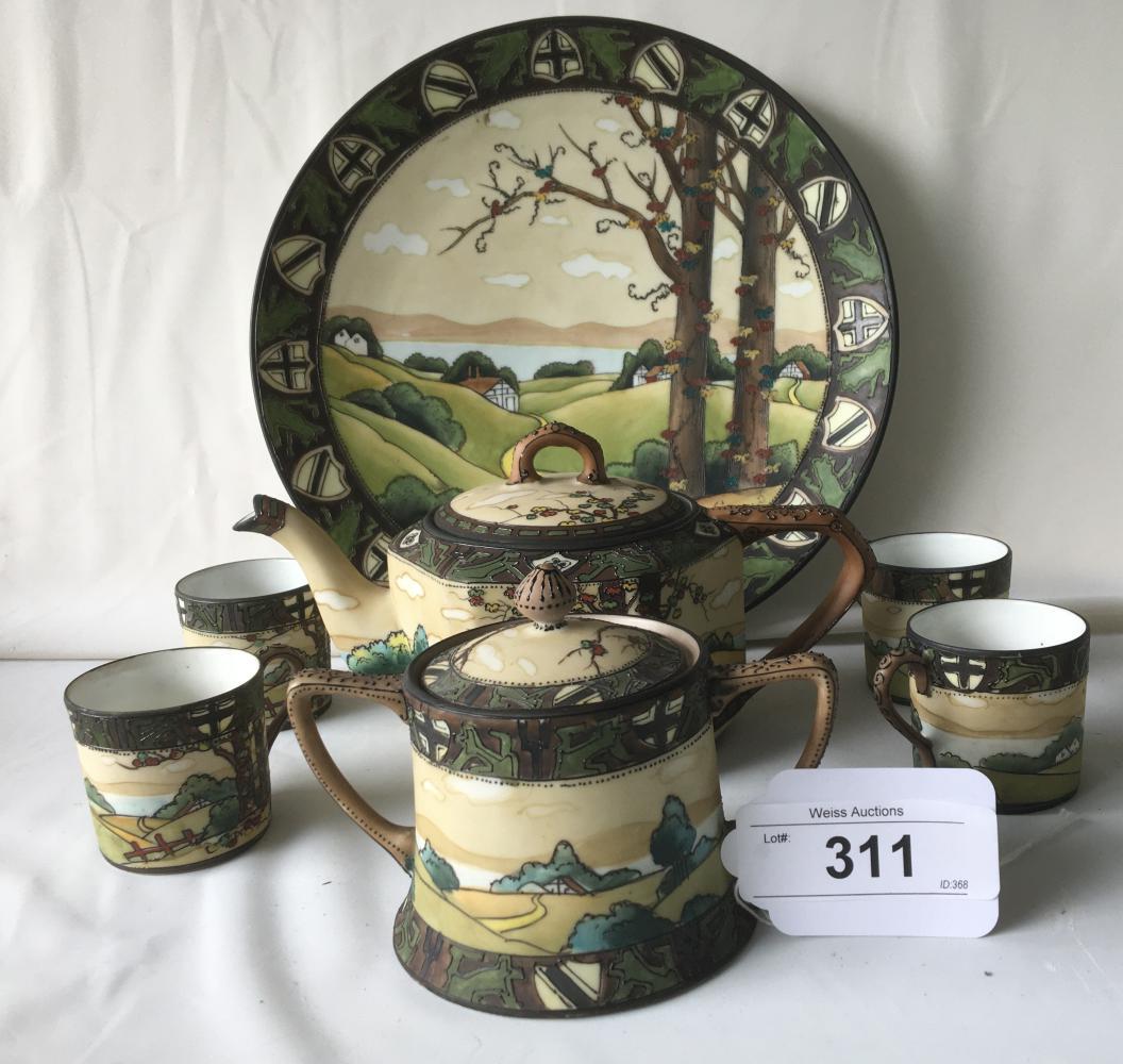 Nippon Dark Woodland. (17) Pieces.: Lot includes (3) 10" Plates, (1) 12" Platter, (1) 11 1/4" Serving Platter, (4) Cups and Saucers, Teapot, Chocolate Pot, (2) Different sized creamers, Sugar Bowl and (2) Pitchers. Excellent Lot with no