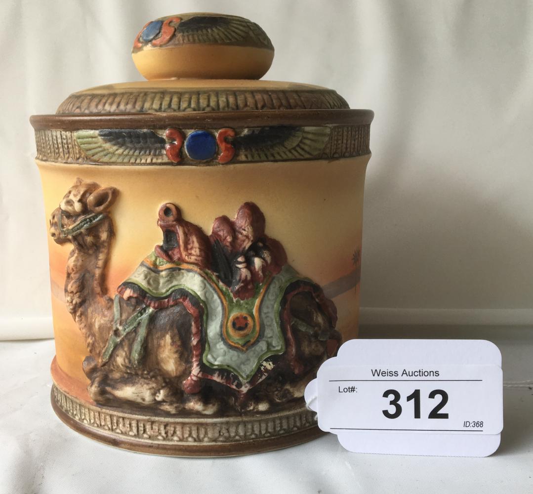 Nippon Blown Out Humidor. Dessert Motif.: Man on Camel 7" tall.