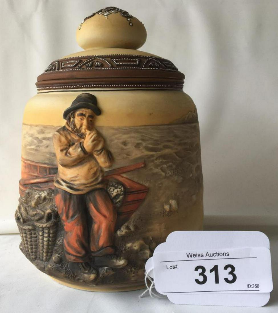 Nippon Blown Out Humidor. Nautical Motif.: Fisherman with Boat 8" Tall.