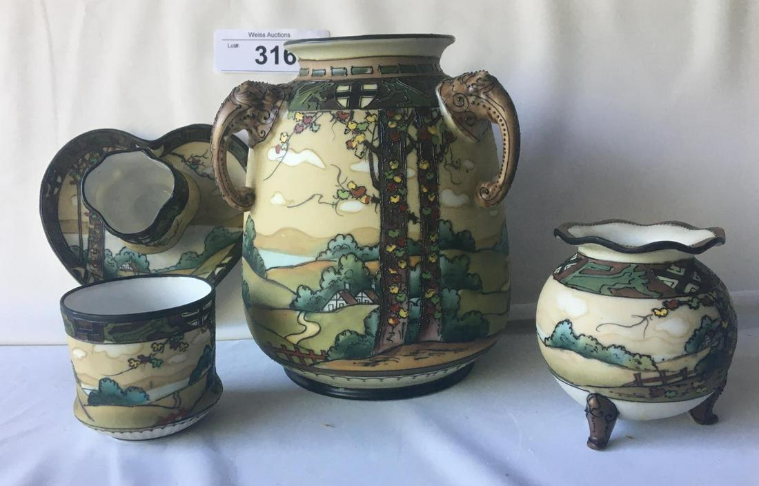 Nippon Dark Woodland Lot of Four.: Includes Three Handled Vase 6 1/2" tall with Elephant Heads with Trunks Handles, toothpick Holder on Heart Shaped Tray Attached 5 1/2" across 2 1/2" tall, Small Three Footed Pot 3" Tall and 2 1/2 Tall