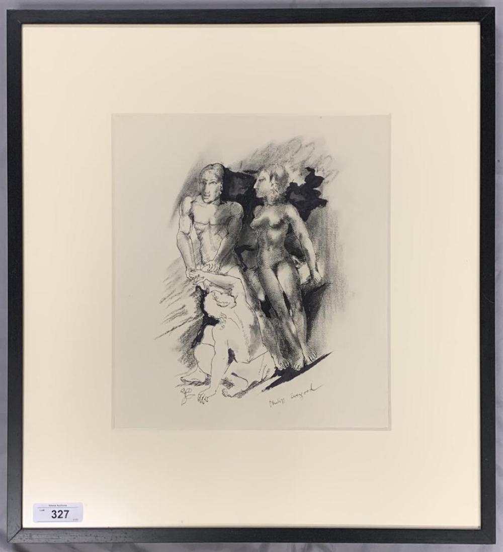 Philip Evergood "Nude Study", Ink & Charcoal: Untitled Nude Study of Three Figures by Philip Evergood (1901-1973). Ink and Charcoal on paper. Signed lower right. Approx. 26" x 19.5", overall frame size approx. 25.5" x 28".