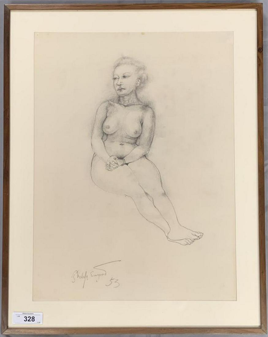 Philip Evergood "Nude Study", Pencil on Paper: Untitled Nude Study of a Woman by Philip Evergood (1901-1973). Pencil on paper. Signed lower left and dated 1953. Approx. 24" x 18", overall frame size approx. 23" x 29".
