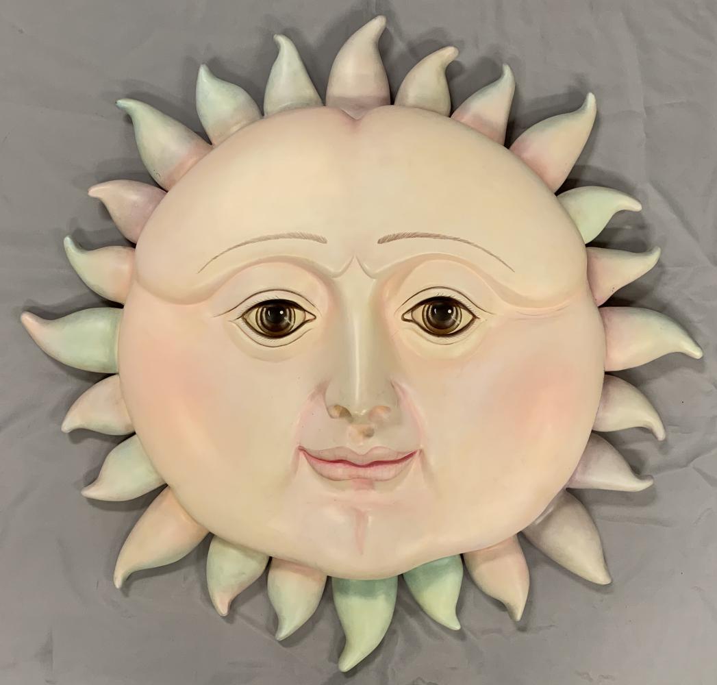 Sergio Bustamante, Smiling Sun Sculpture: Unique hand painted ceramic sculpture titled "Smiling Sun" by Sergio Bustamante (Mexico, b.1942). Approx. 31" across. Signed and numbered by the artist 18//100. Some light surface abrasions and light