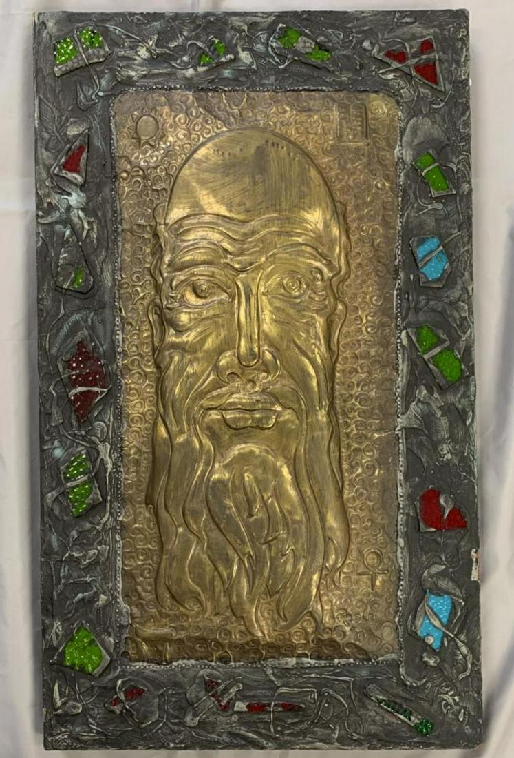 Greg Ridley (1925-2004), "Prophet" Relief: Artist: Gregory D. Ridley Jr. (American, 1925-2004) Title: Prophet Year: 1973 Medium: Relief featuring hammered brass, nickelsilver and colored glass mounted to panel Signature: Signed lower right and