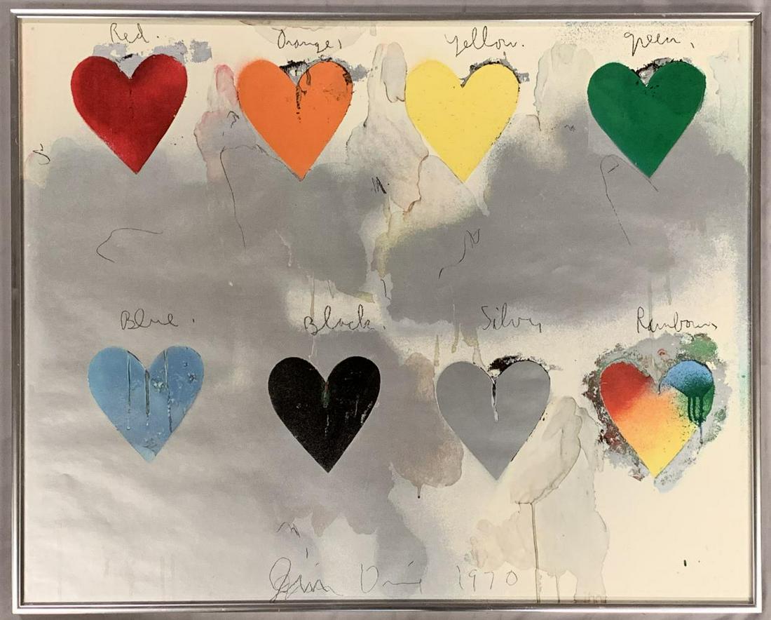 Jim Dine (b.1935), 8 Hearts Lithograph: "8 Hearts" Lithograph dated 1970 and signed in the plate lower center. Print is 29.5" x 23.5" under glass.