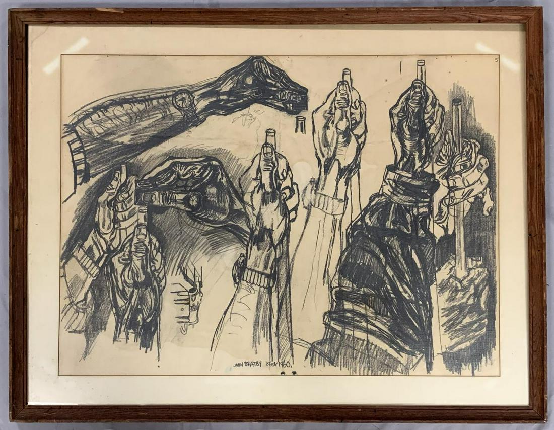 John Randall Bratby (1928 - 1992), Drawing: Drawing on folded paper, 29.25" x 21.25" under matting & under glass and signed JOHN BRATBY 8 Feb 1960 lower center. Merrill Gallery NYC index label on verso noting artist, title "HANDS" medium, penci