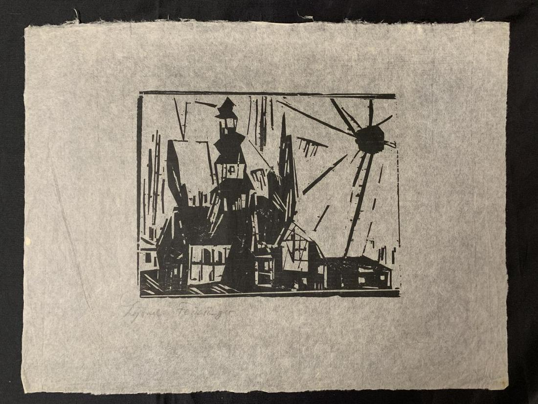 Lyonel Feininger (1871 - 1956) Village in Sunlight: Woodcut on thin tissue paper. Pencil Signed lower left. 12" x 16". Very Scarce.