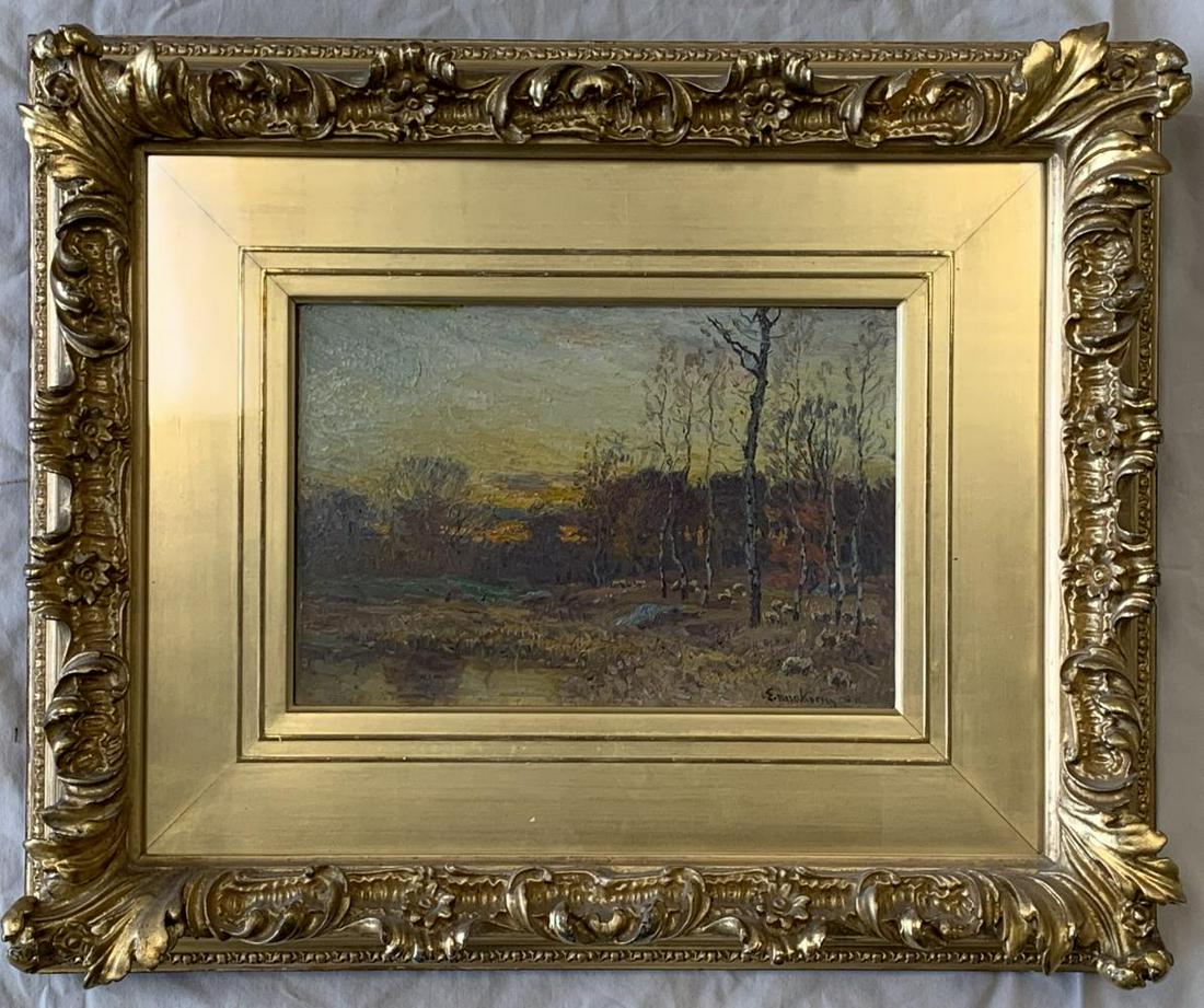 John Joseph Enneking. Oil on Canvas Board.: American, 1841-1916. Sunset over a meadow. Signed lower right “Enneking”. Oil on canvas board, 8” x 12”.