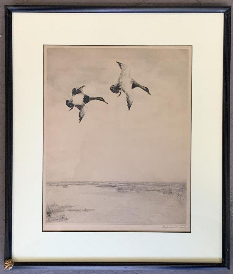 Roland Clark. Etching.: Roland Clark. Connecticut, 1874-1957. Two canvasbacks in flight. Signed lower right “Roland Clark”. Etching, 14” x 11”, sight.