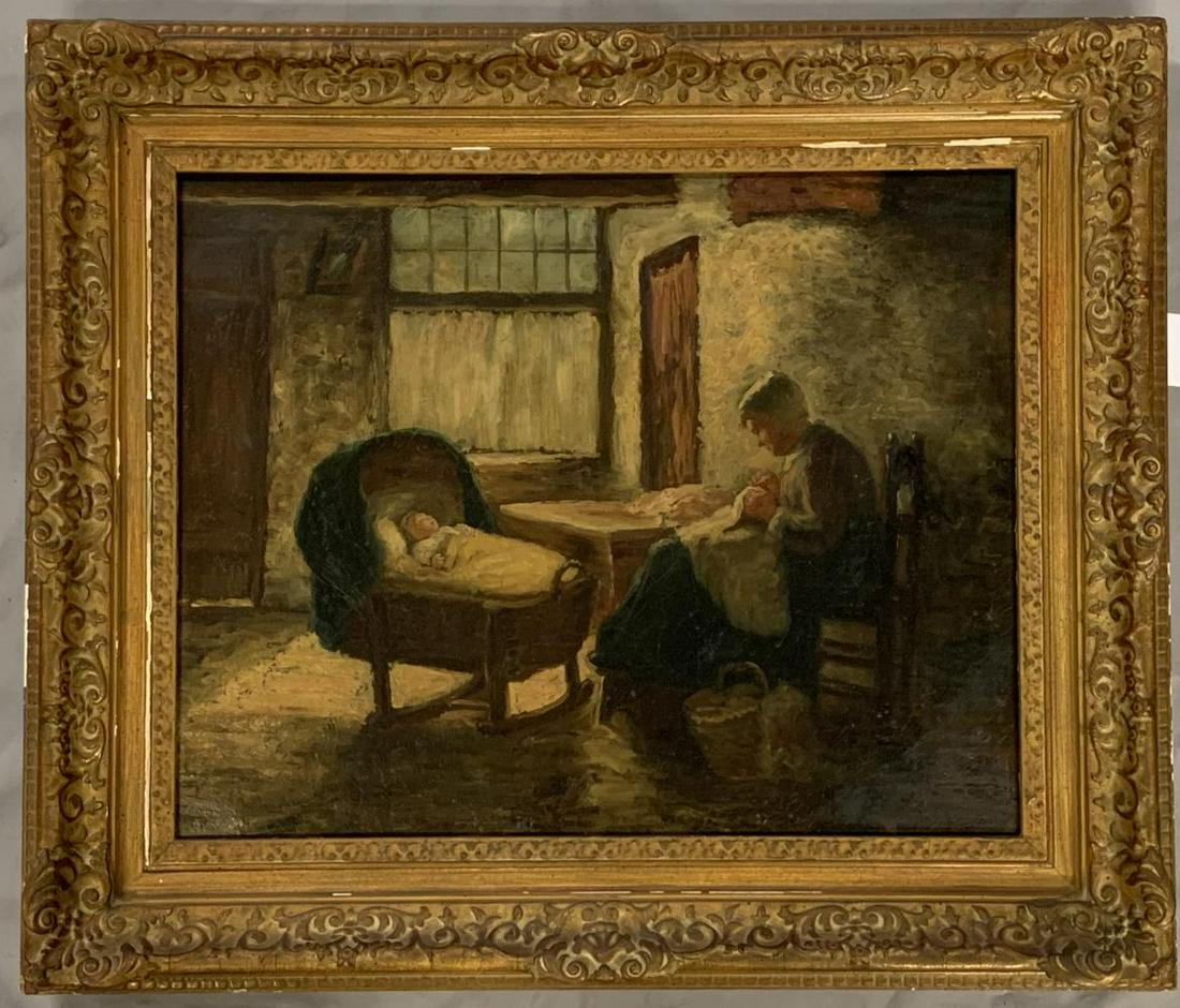 Bernard Johannes Blommers (1845-1914): Bernard Johannes Blommers(Dutch/American, 1845-1914), "Mother and Child", oil on canvas. Signed lower right. Figural painting depicting an interior scene with young mother seated in chair at table sew