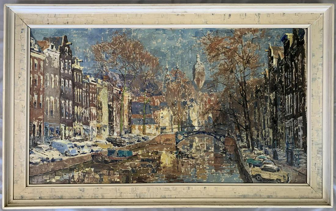 Frans Berntsen, Oil on Masonite "Nijmegen": Oil on Masonite by Frans Berntsen (1903-1980). Titled on the verso "Nijmegen" which is a city in The Netherlands. Signed by the artist along the bottom edge. Image size seen approx. 41.5" x 23.5", ove