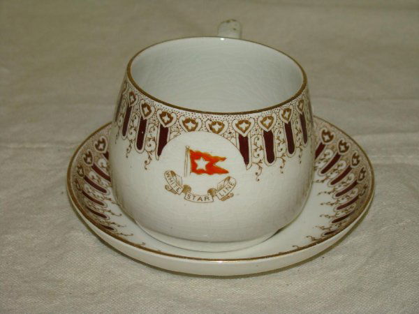STEAMSHIP CHINA WHITE STAR LINE: Chocolate Cup and Saucer (5 1/2"dia), Turquoise pattern, Mint (cup has usual glaze crazing)