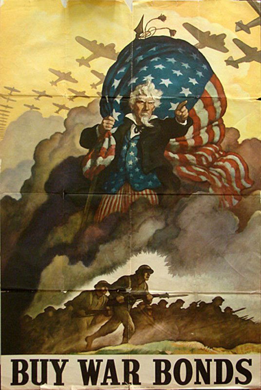 VINTAGE WWII POSTER UNCLE SAM BUY WAR BONDS: Vintage WWII Propaganda Poster: "Buy War Bonds", featuring a dramatic Uncle Sam with a billowing Old Glory flying behind him. Original U.S. Government Printing Office poster. Measures: 40" Tall X 28"