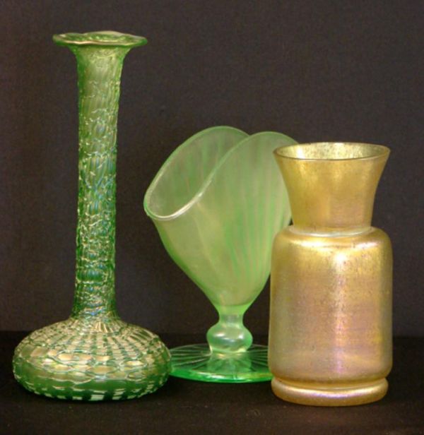 LOT OF 3 IRIDESCENT ART GLASS VASES
