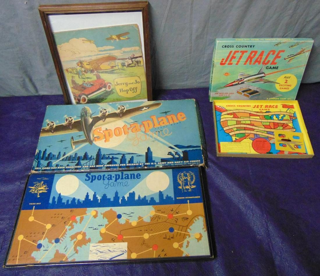 3pc Airplane Board Game & Book Lot: Includes a framed 1928 Saalfield Jerry and Joe Hop Off soft cover book; Warren Cross Country Jet race Game; 1942 Toy Creations, Spot-A-Plane board game, top has split corners. All appear complete with