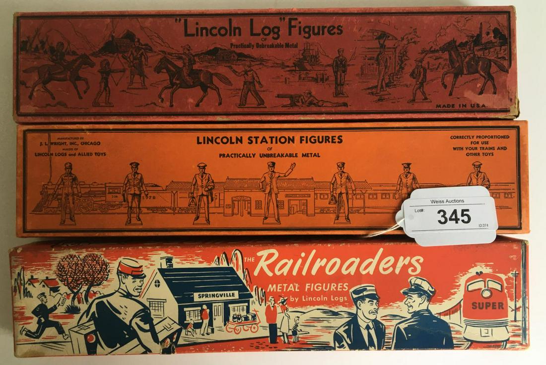 Lincoln Log Three Figure Sets Boxed.: Lot of Three Boxed Lincoln Log Sets. Includes Two Railroad Figure Sets and One Indians and Frontiersmen.