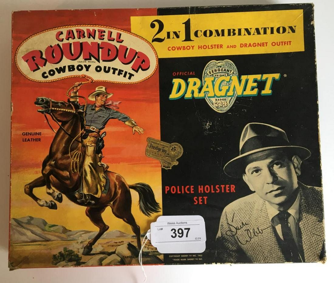 Scarce. Carnell Roundup Two in One Set. Boxed.: Includes Carnell Round Up Cowboy Outfit, Holster and Cap Gun with A Dragnet Set Outfit, Holster etc. complete in original box.